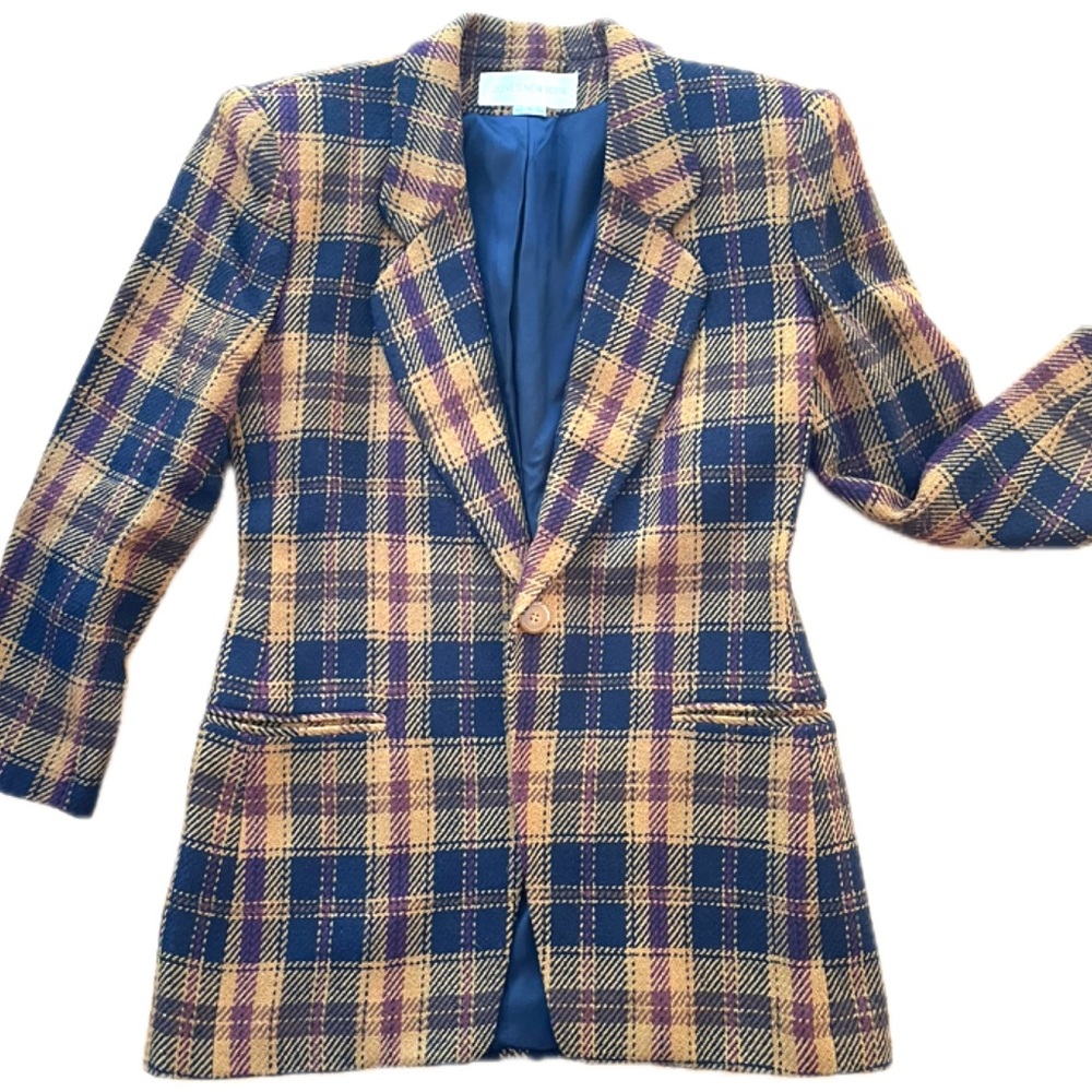 Vintage 90s Multicolor Plaid Oversized Blazer Long Mustard Gold Plum Size 4
